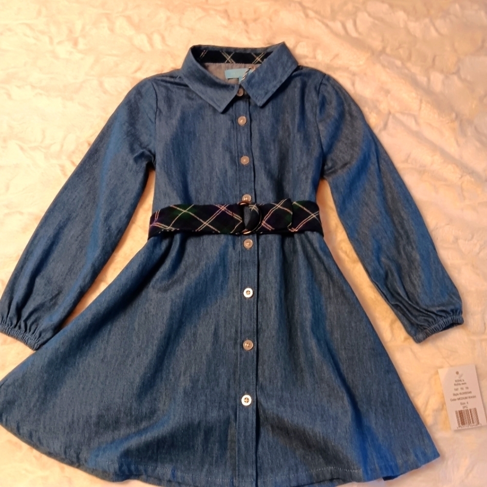 Draper James Girls Long Sleeve A-line Medium Blue Chambray Belted Shirtdress 4T